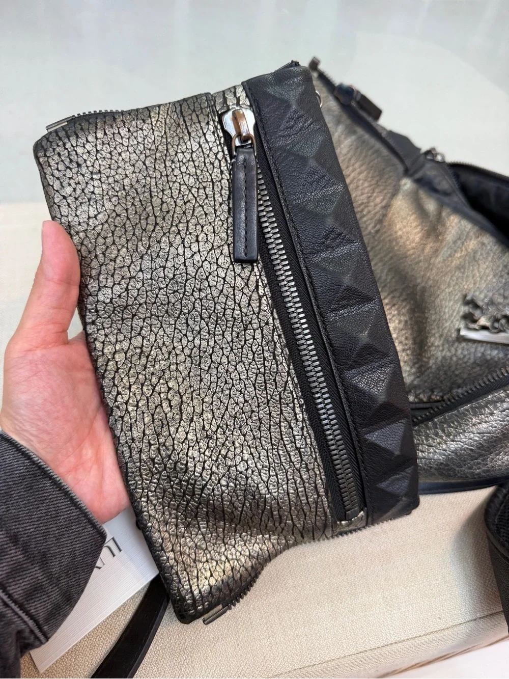 MCM Metallic Black Textured Backpack with pouch